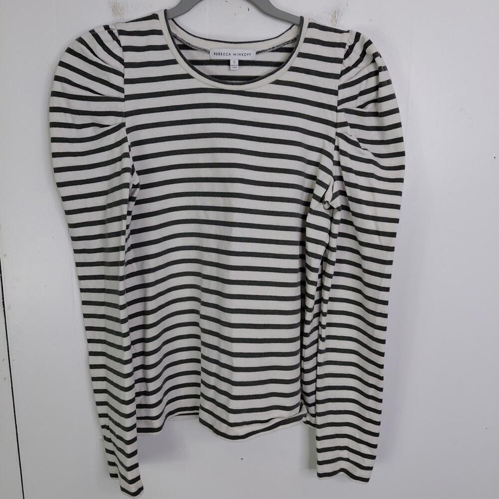 Rebecca Minkoff Top Womens Small Puff Sleeve Striped Olive Girly Granola